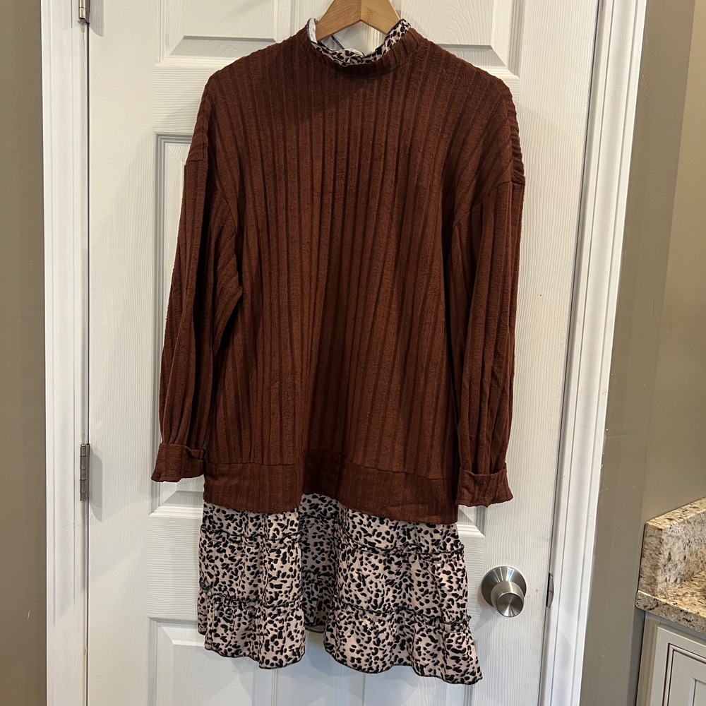 Shein Brown Ribbed Knit Leopard Print Tiered Mixed Media Dress XL‎ 12